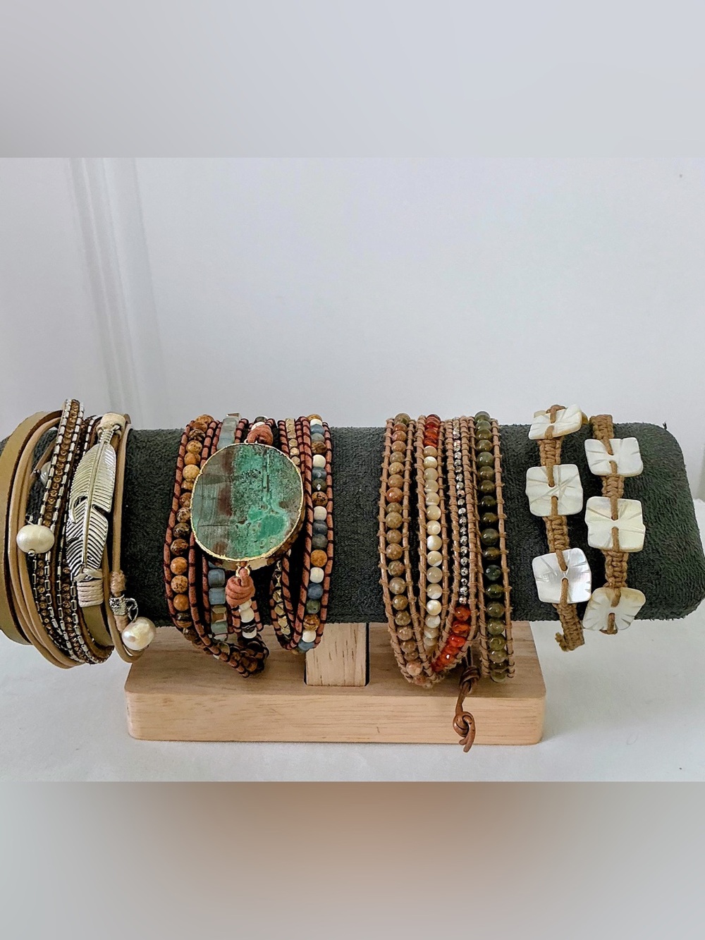 4-Piece BOHO Beaded Wrap Bracelets Turquoise, Shell, Real Pearls, Glass & Wood